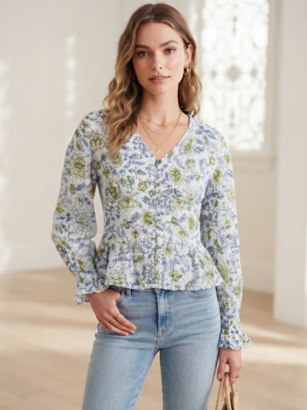 7 For All Mankind Floral Eyelet Peplum Blouse in Blue & Green-S- MSRP $158+